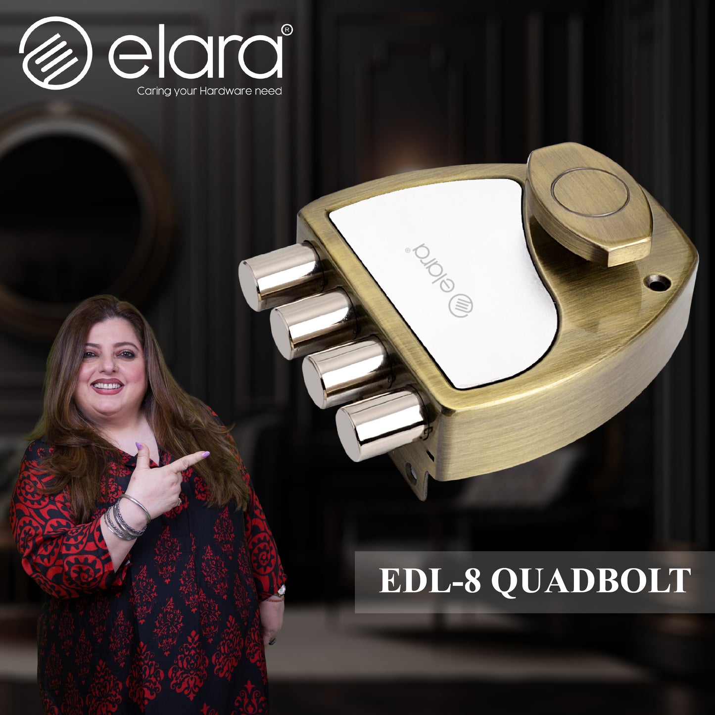 Elara Quadbolt 1CK Deadbolt for Main Door, Suitable for Right and Left Handed Doors, Inside Opening Wooden Door Lock with 4 Reversible Brass Keys (Antique, EDL-08, Four Bullet, Ultra Key)