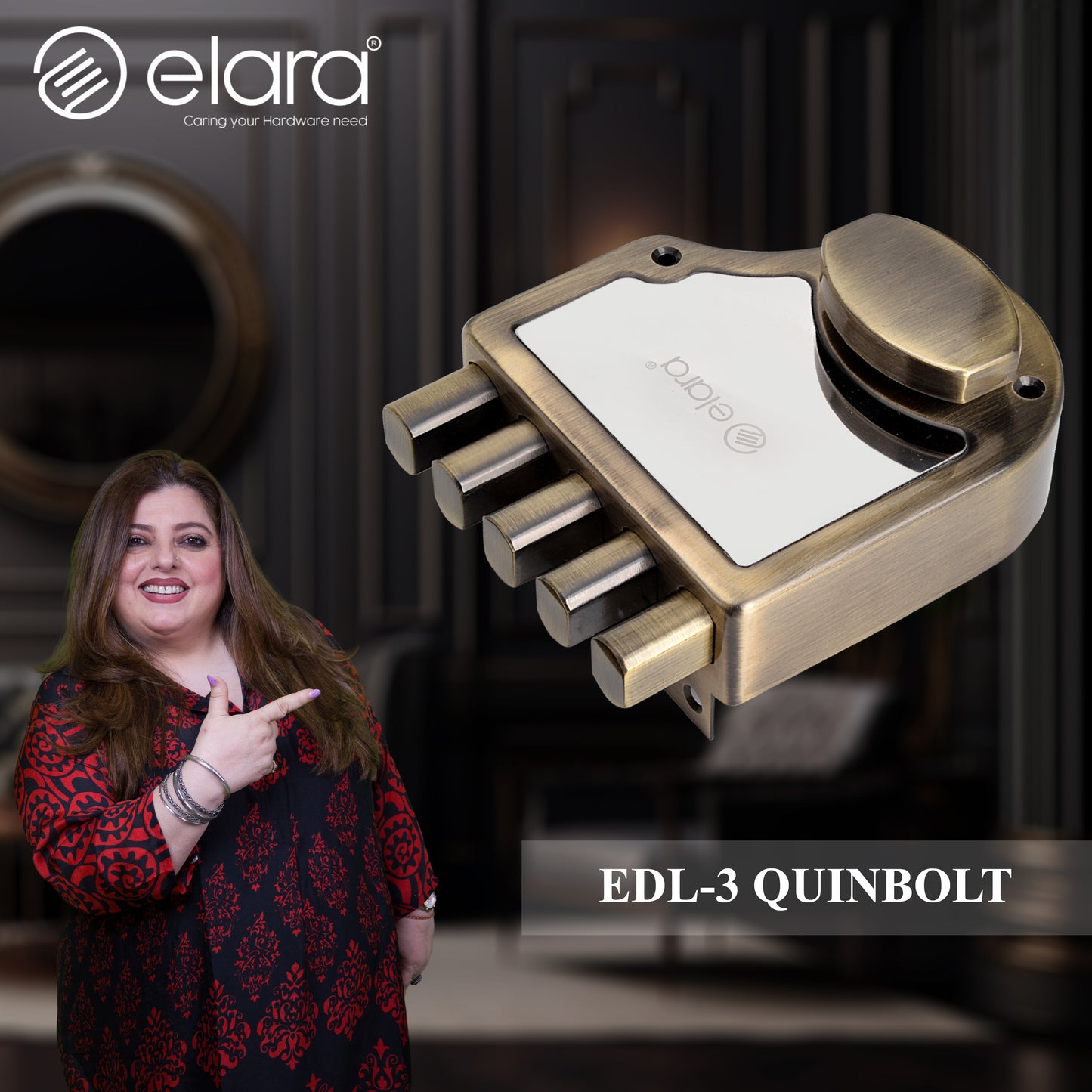 Elara Quinbolt 1CK Deadbolt for Main Door, Suitable for Right and Left Handed Doors, Inside Opening Wooden Door Lock with 4 Reversible Brass Keys (Anitique, EDL-03, Quinbolt, Ultra Key)