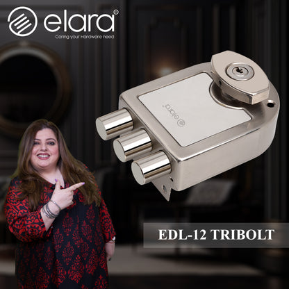 Elara Deadbolt Tribolt 2CK Door Lock, Rim Lock, Dead Bolt for Home, Door locks for main door with 4 Reversible Brass Keys (SS Finish, EDL-12, Tribolt, Ultra Key)