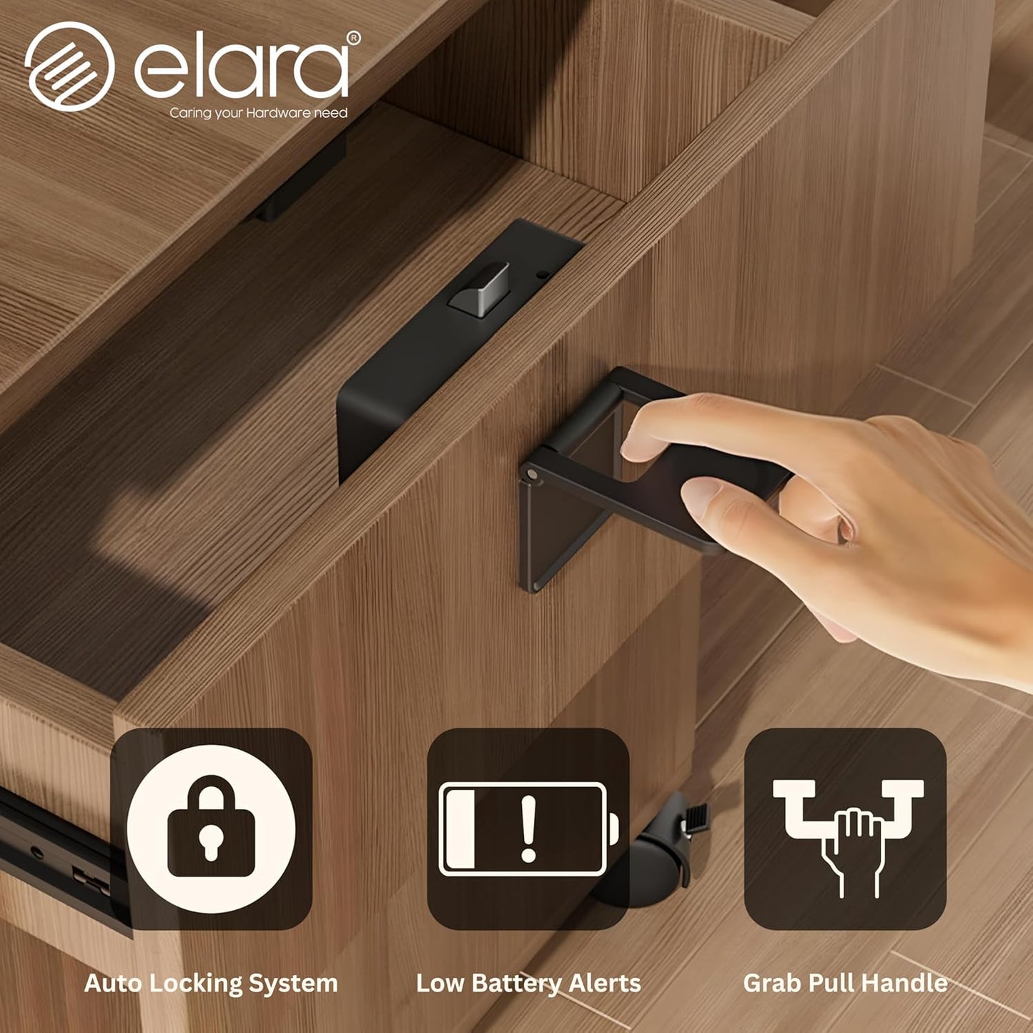 Elara DX-2 Smart Drawer Lock with Auto-Locking System, RFID Card Access, Low Battery Alert, Hidden Lock, Black