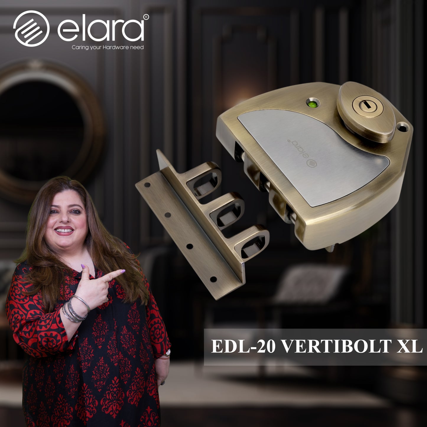 Elara Vertibolt 2CK Deadbolt for Main Double Door, Suitable for Right and Left Handed Doors, Double Door Lock with 4 Reversible Brass Keys (Antique, EDL-20)