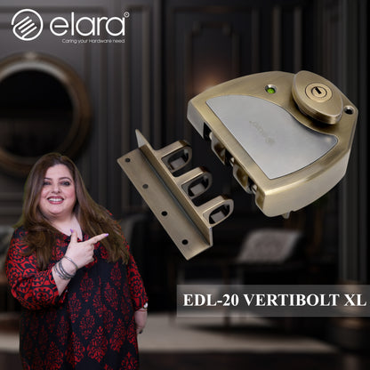 Elara Vertibolt 2CK Deadbolt for Main Double Door, Suitable for Right and Left Handed Doors, Double Door Lock with 4 Reversible Brass Keys (Antique, EDL-20)