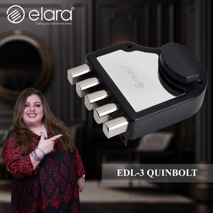 Elara Quinbolt 1CK Deadbolt for Main Door, Suitable for Wooden Doors, Inside Opening Wooden Door Lock with 4 Reversible Brass Keys (Matte Black, EDL-03, Quinbolt, Ultra Key).