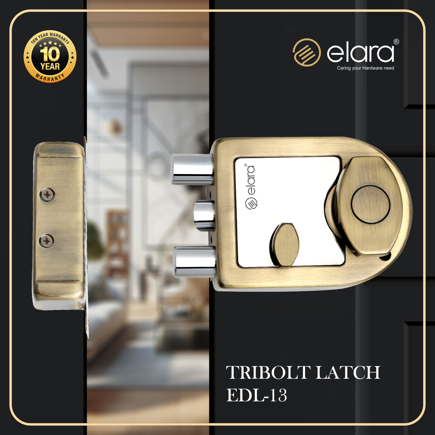 Elara Tribolt Latch Deadbolt for Main Door, Suitable for Right and Left Handed Doors, Inside Opening Wooden Door Lock with 4 Reversible Brass Keys (Antique Finish, EDL-13, Tri Bolt, Ultra Key)