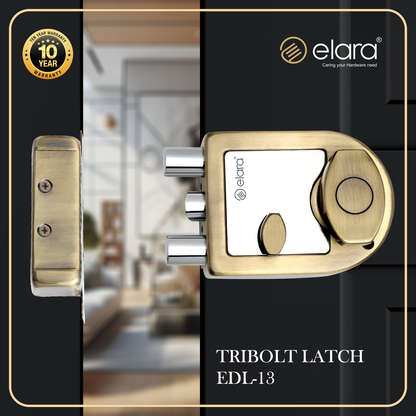 Elara Tribolt Latch Deadbolt for Main Door, Suitable for Right and Left Handed Doors, Inside Opening Wooden Door Lock with 4 Reversible Brass Keys (Antique Finish, EDL-13, Tri Bolt, Ultra Key)