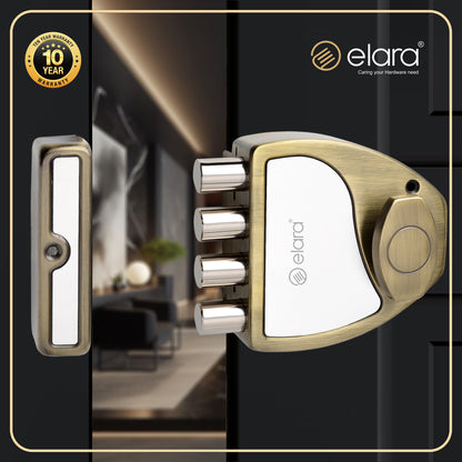 Elara Quadbolt 1CK Deadbolt for Main Door, Suitable for Right and Left Handed Doors, Inside Opening Wooden Door Lock with 4 Reversible Brass Keys (Antique, EDL-08, Four Bullet, Ultra Key)