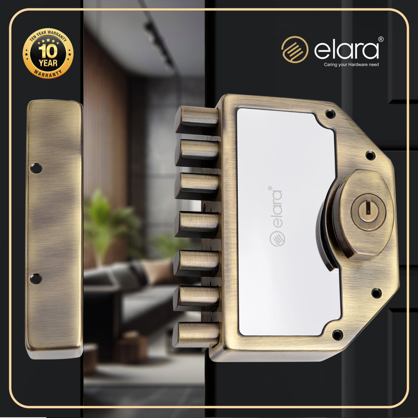 Elara Deadbolt Septabolt 2CK Door Lock, Rim Lock, Dead Bolt for Home, Door locks for main door with 4 Reversible Brass Keys (Antique, EDL-15, Septabolt, Ultra Key)