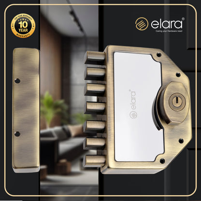 Elara Deadbolt Septabolt 2CK Door Lock, Rim Lock, Dead Bolt for Home, Door locks for main door with 4 Reversible Brass Keys (Antique, EDL-15, Septabolt, Ultra Key)