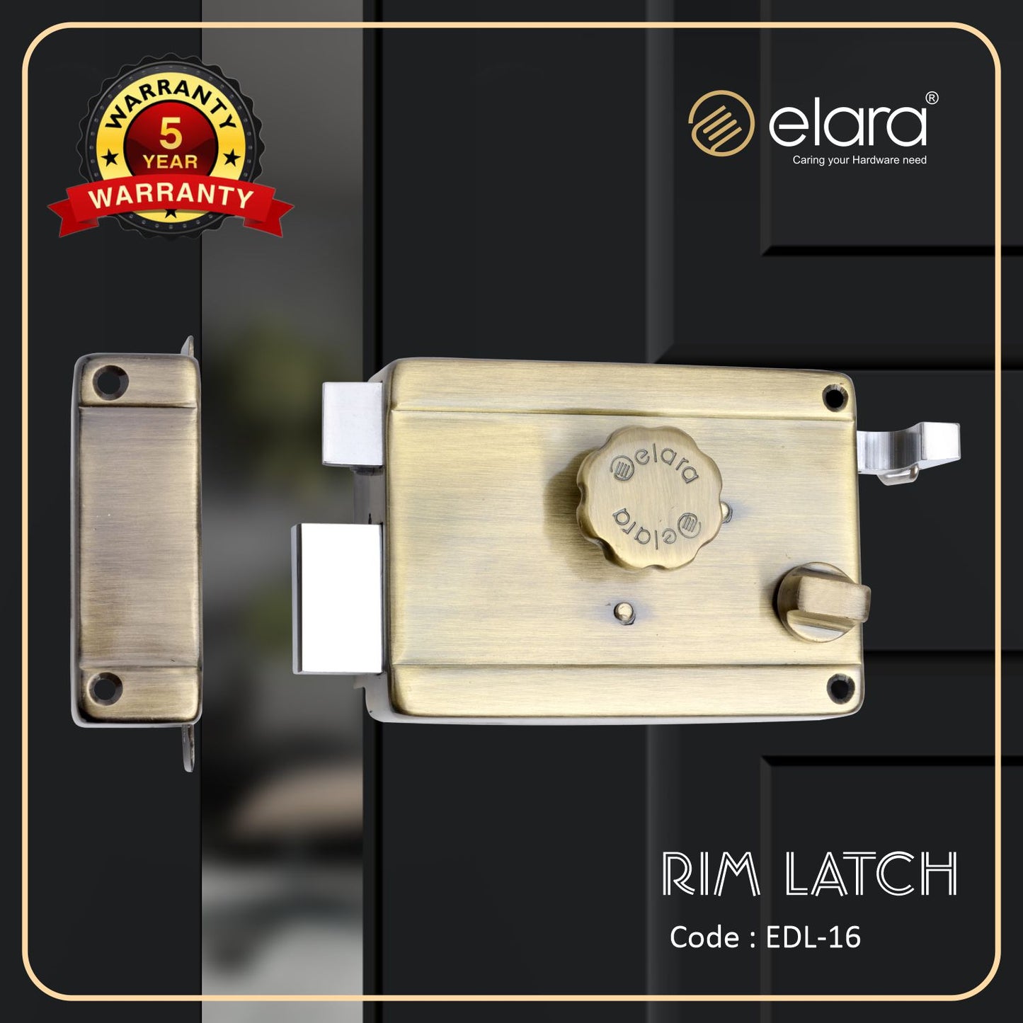 Elara Rim Latch 1CK Deadbolt for Main Door, Suitable for Wooden Doors, Inside Opening Wooden Door Lock with 3 Reversible Brass Keys (Antique Finish, EDL-16, Ultra Key)