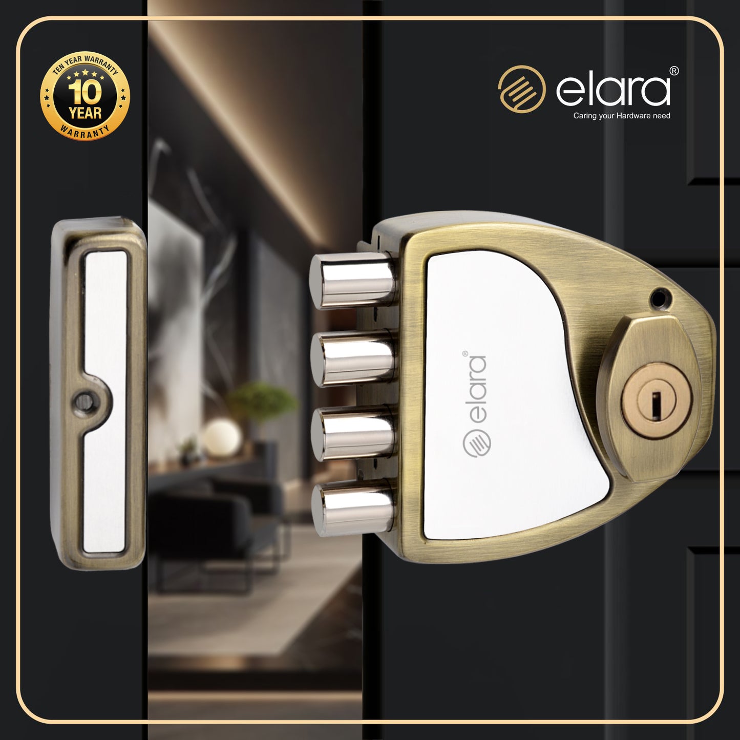 Elara Quadbolt 2CK Deadbolt for Main Door, Suitable for Right and Left Handed Doors, Inside Opening Door Lock with 4 Reversible Brass Keys (Antique, EDL-10, Four Bullet, Ultra Key)