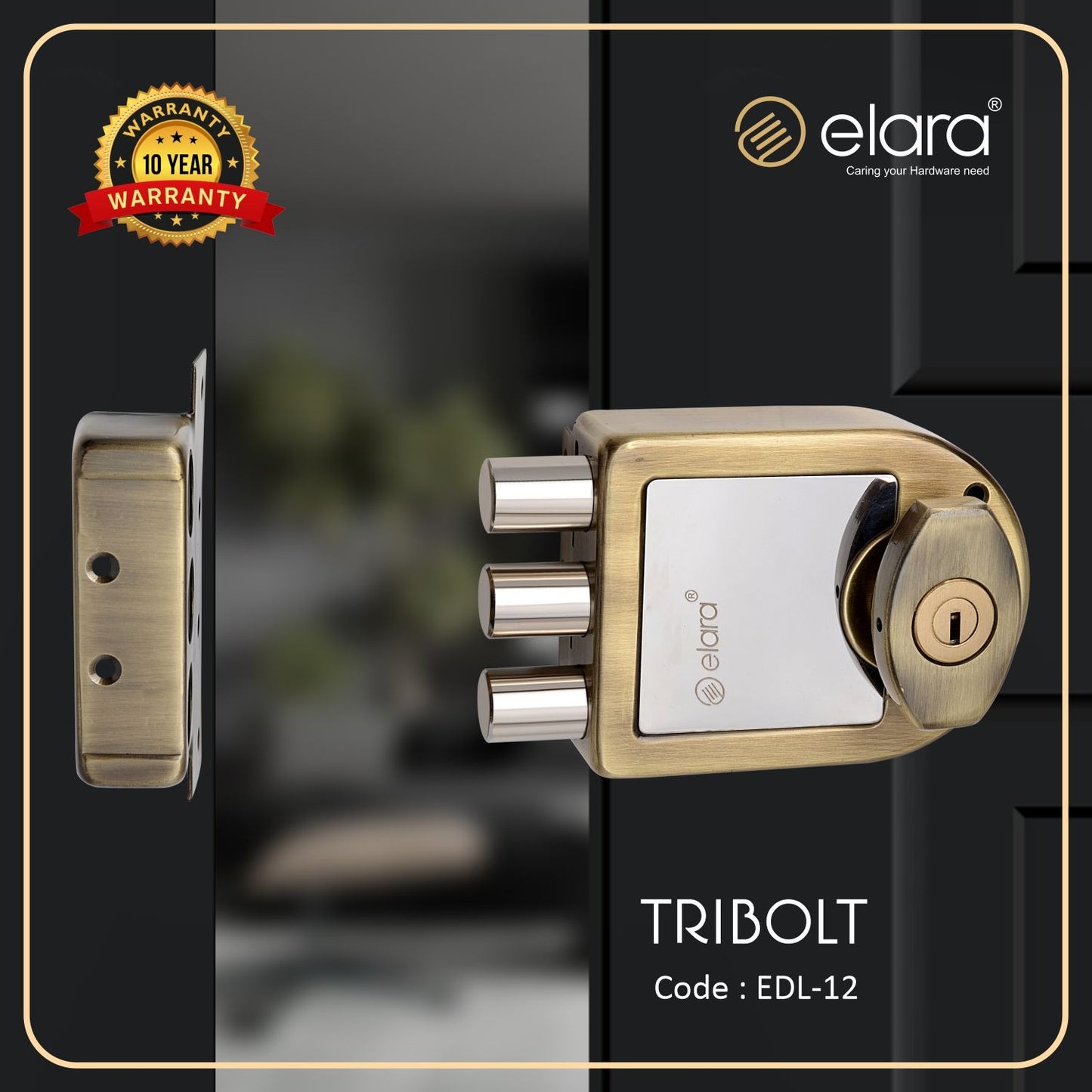 Elara Tribolt 2CK Deadbolt for Main Door, Suitable for Right and Left Handed Doors, Inside Opening Wooden Door Lock with 4 Reversible Brass Keys (Anitique Finish, EDL-12, Tri Bolt, Ultra Key)