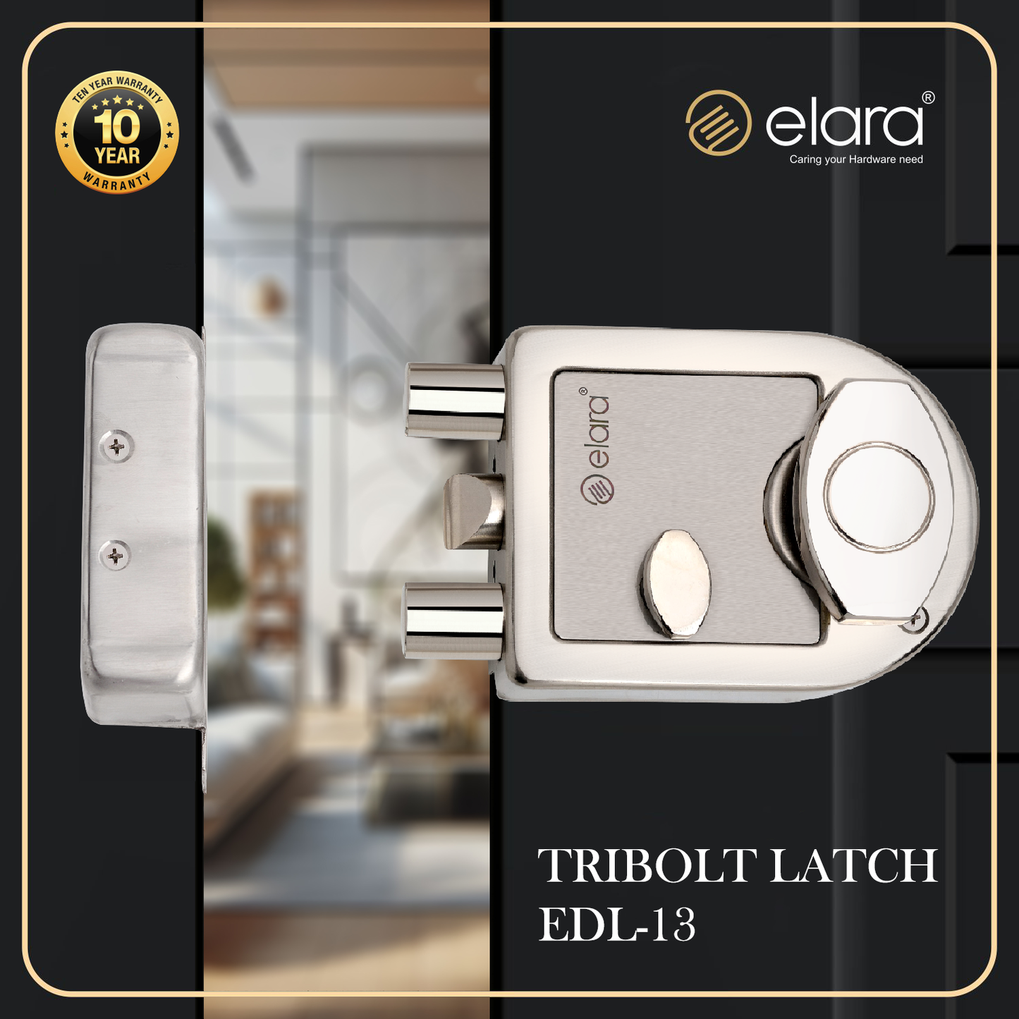 Elara Tribolt Latch Deadbolt for Main Door, Suitable for Right and Left Handed Doors, Inside Opening Wooden Door Lock with 4 Reversible Brass Keys EDL-13 Tribolt (SS Finish)