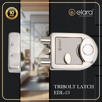 Elara Tribolt Latch Deadbolt for Main Door, Suitable for Right and Left Handed Doors, Inside Opening Wooden Door Lock with 4 Reversible Brass Keys EDL-13 Tribolt (SS Finish)