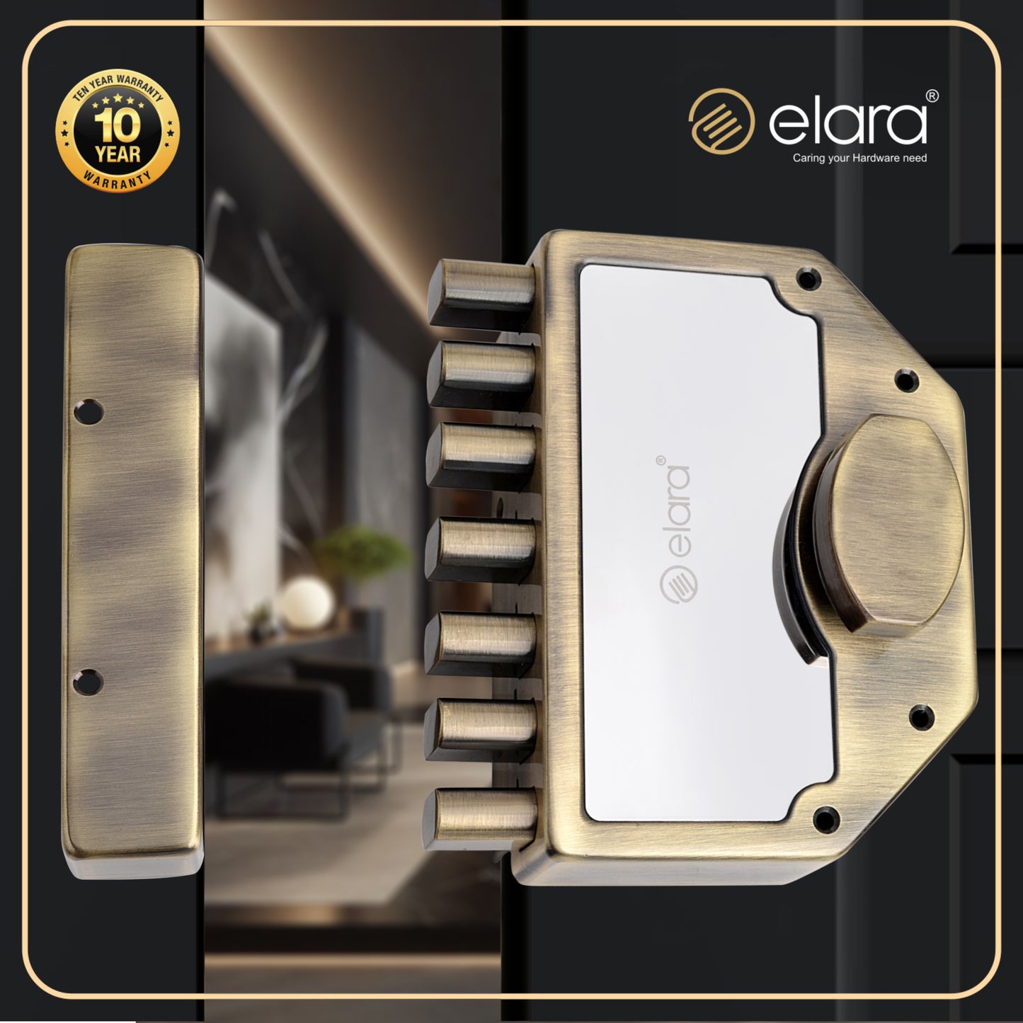 Elara Septabolt 1CK Deadbolt for Main Door, Suitable for Right and Left Handed Doors, Inside Opening Wooden Door Lock with 4 Reversible Brass Keys (EDL-14 Antique, Main Door Locks, Ultra Key)