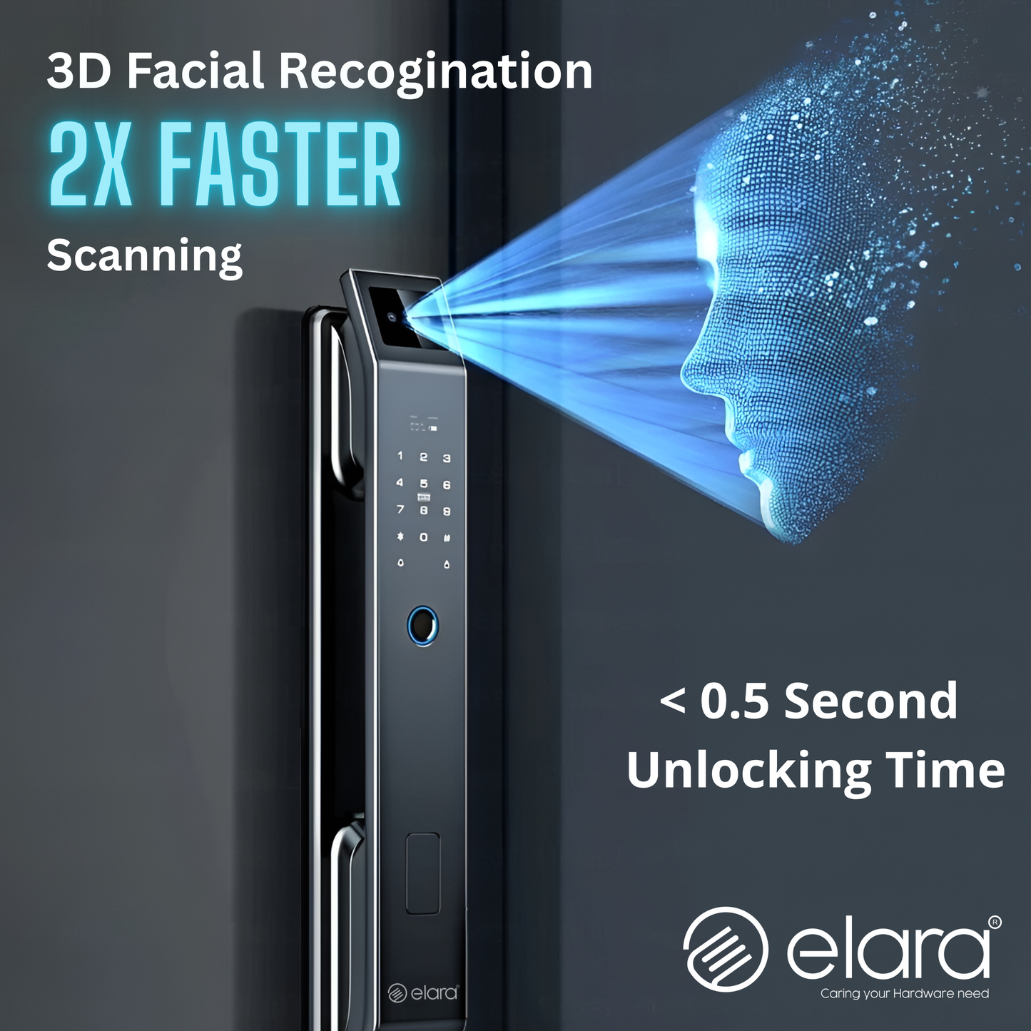 Elara Apex Lite Smart Door Lock, HD Display, Camera, Fingerprint, RFID Card Scanner, Pin Unlock, One Touch Lock, LED Light, Alarm Alert, Bluetooth & WiFi, Black,