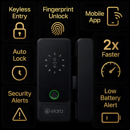 Elara GX-1 Smart Glass Door Lock, Fingerprint, Mobile App, PIN, RFID Card, 10-12 mm Glass Doors