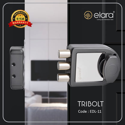 Elara Tribolt 1CK Deadbolt for Main Door, Suitable for Wooden Doors, Inside Opening Wooden Door Lock with 4 Reversible Brass Keys (Black Silver Finish, EDL-11, Tri Bolt, Ultra Key)