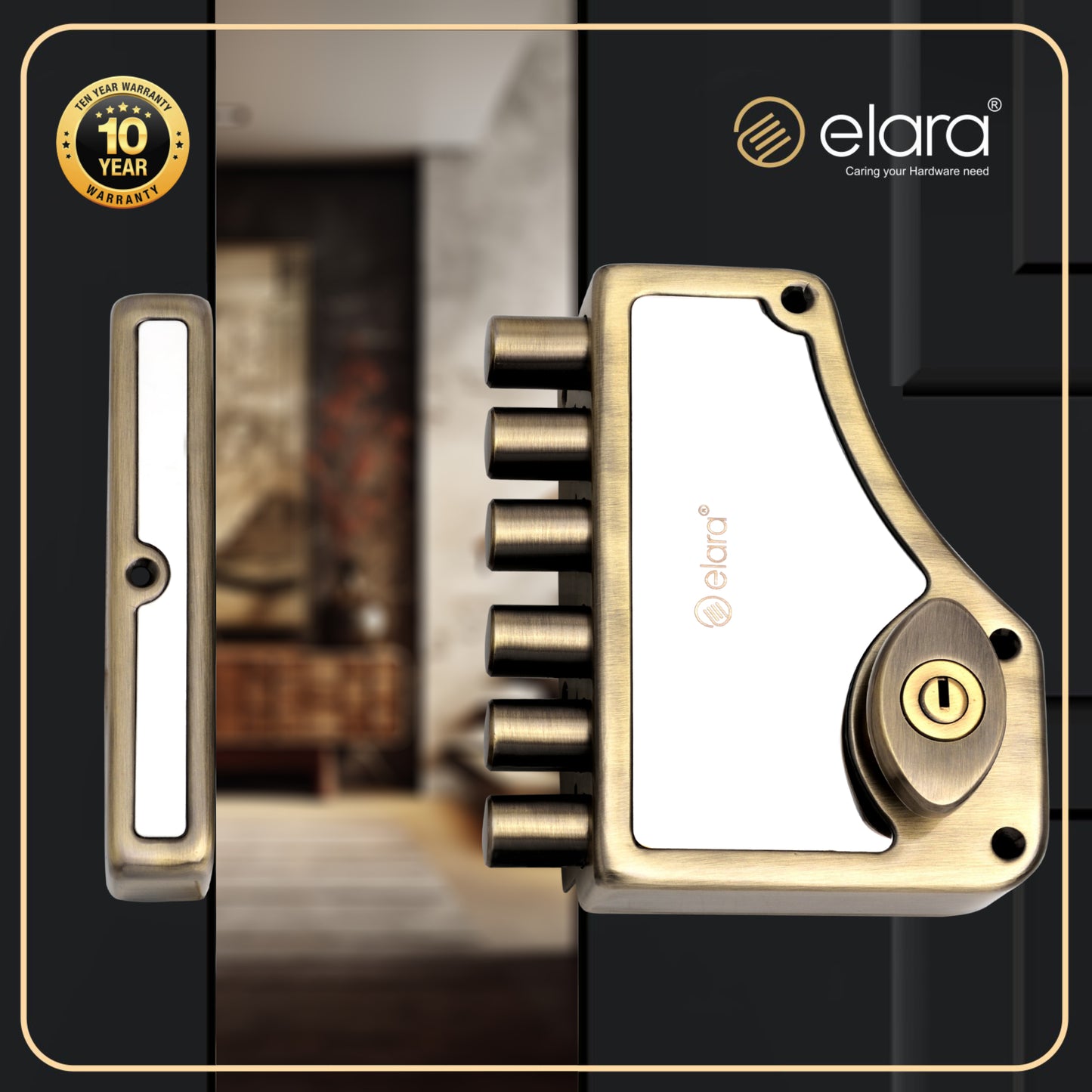 Elara Deadbolt Hexabolt 2CK Door Lock for Main Door, Deadbolt, Rim Latch Inside Opening Door Lock with 4 Reversible Brass Keys (Antique, EDL-02, Hexabolt, Ultra Key)