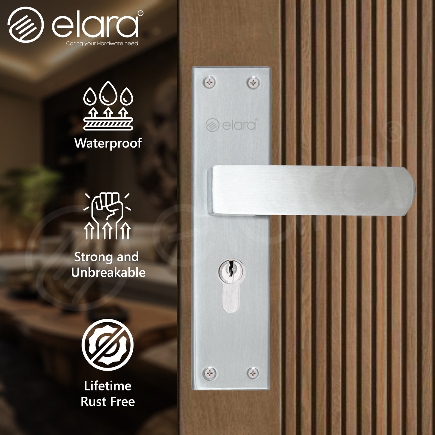 Elara Heavy-Duty Door-Lock Set Main Door Handle Set / Double Action Mortise-Lock with Cylinder, 3 Keys, Brass Lock-Body  (ESM-02 8" CY SS Finish)