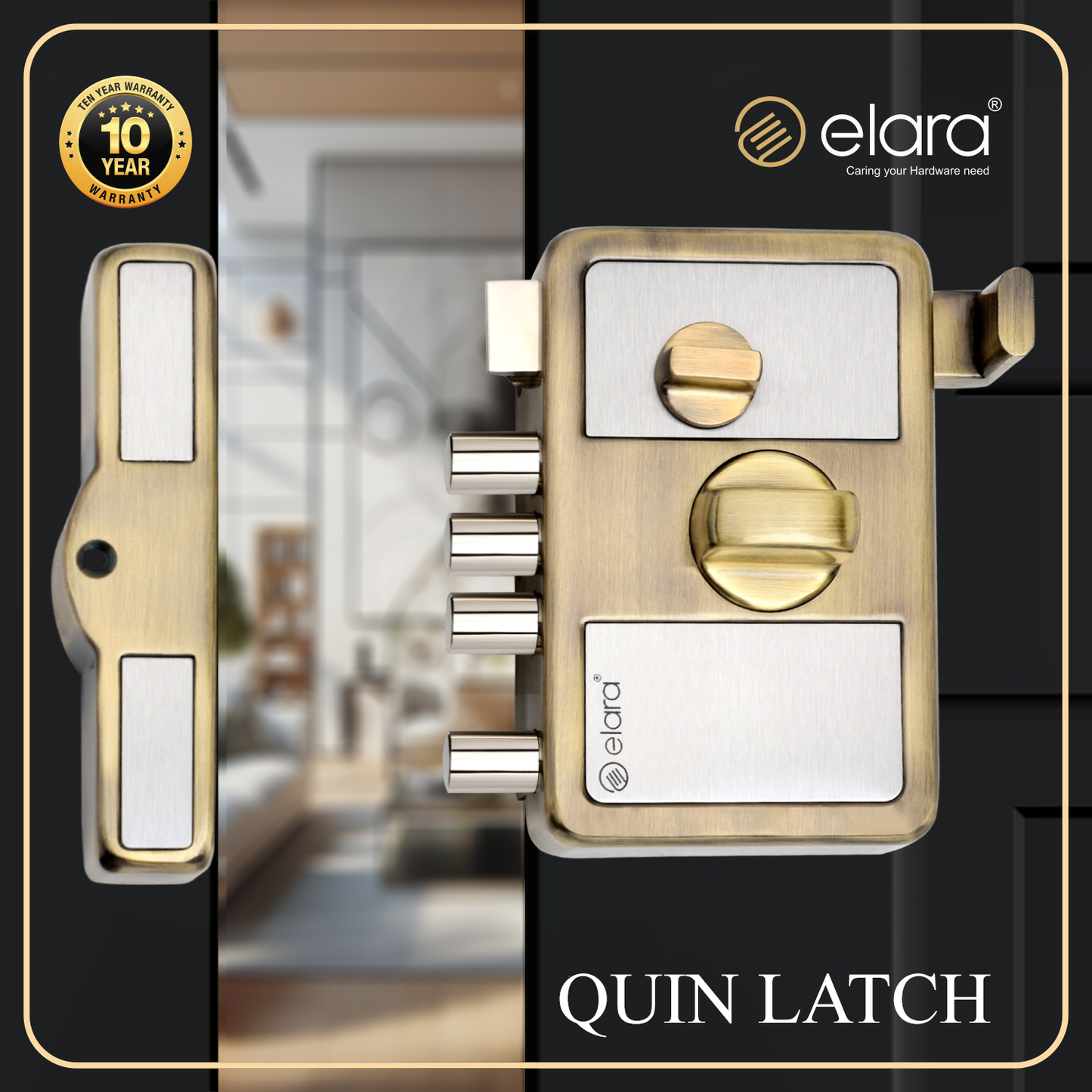 Elara Quin Latch Deadbolt for Main Door, Suitable for Right and Left Handed Doors, Inside Opening Wooden Door Lock with 3 Reversible Brass Keys (Antique Finish, EDL-07)
