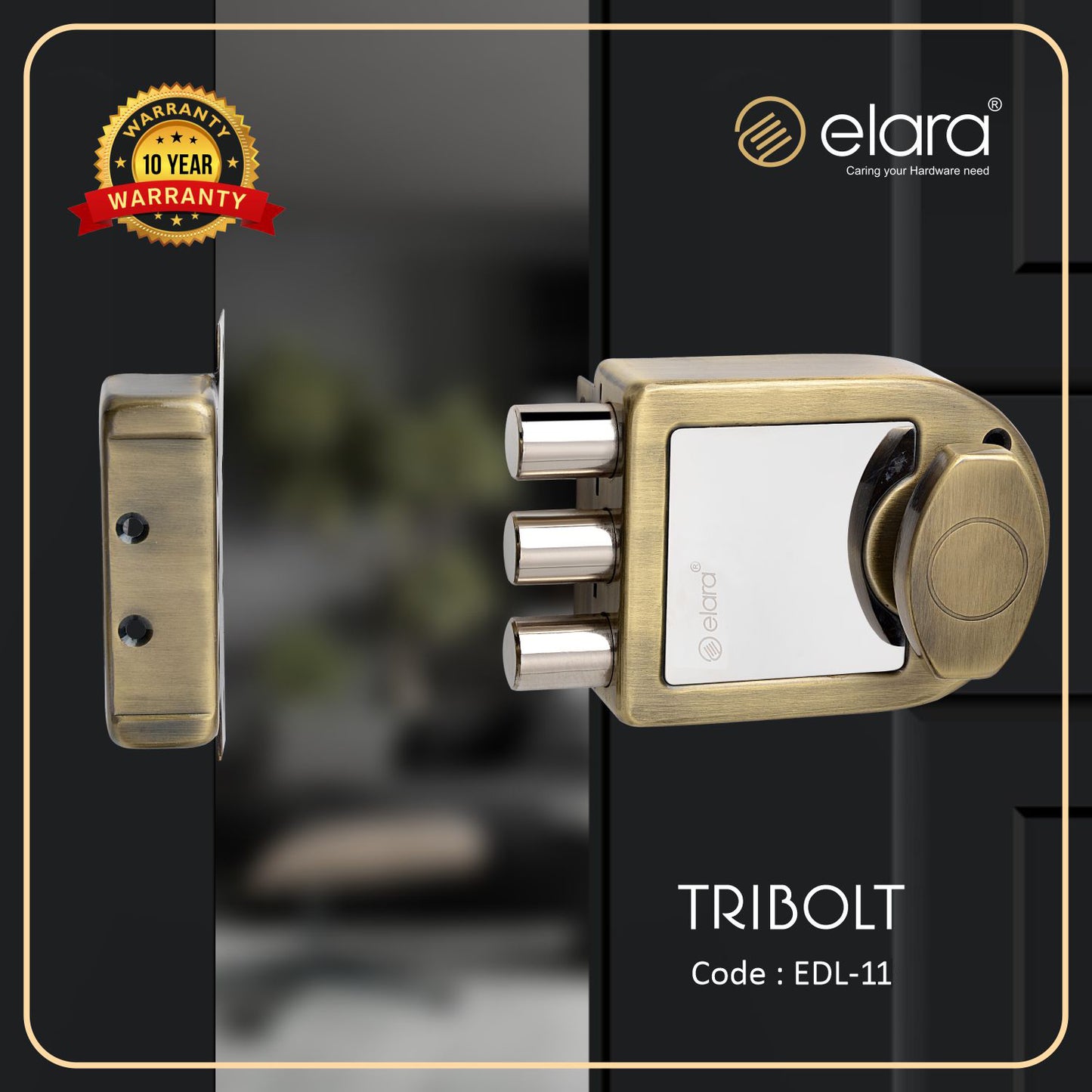 Elara Tribolt 1CK Deadbolt for Main Door, Suitable for Right and Left Handed Doors, Inside Opening Wooden Door Lock with 4 Reversible Brass Keys (Antique Finish, EDL-11, Tri Bolt, Ultra Key)