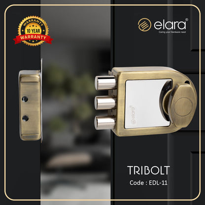 Elara Tribolt 1CK Deadbolt for Main Door, Suitable for Right and Left Handed Doors, Inside Opening Wooden Door Lock with 4 Reversible Brass Keys (Antique Finish, EDL-11, Tri Bolt, Ultra Key)