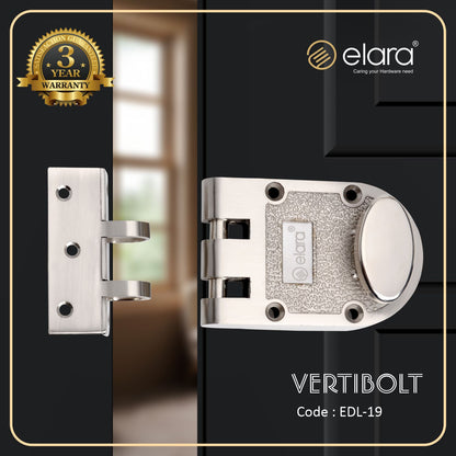 Elara Vertibolt 1CK Deadbolt for Main Door, Suitable for Right and Left Handed Doors, Inside Opening Wooden Door Lock with 3 Reversible Brass Keys (Stainless Steel, EDL-19, Ultra Key)