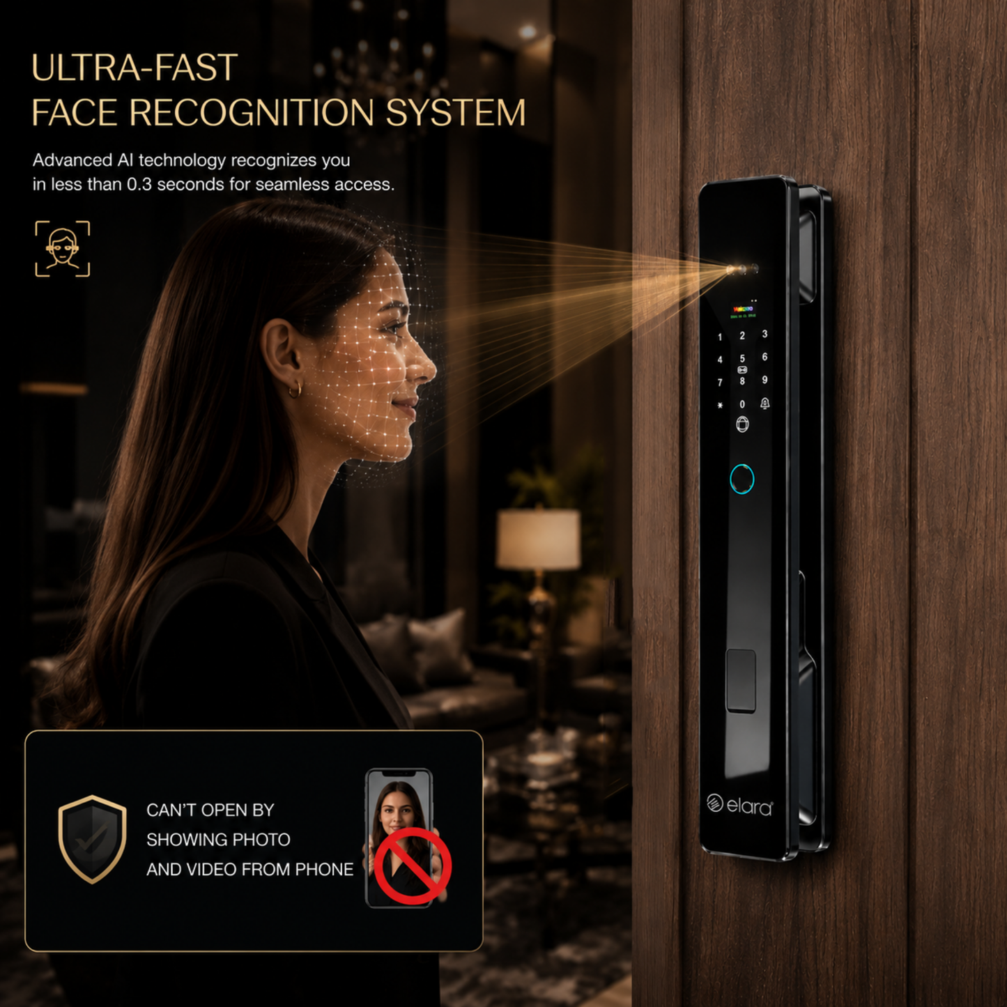 Elara Apex Prime Smart Door Lock, HD Display, Camera, Fingerprint, RFID Card Scanner, Pin Unlock, One Touch Lock, LED Light, Alarm Alert, Bluetooth & WiFi, Black,