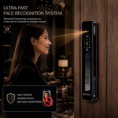 Elara Apex Prime Smart Door Lock, HD Display, Camera, Fingerprint, RFID Card Scanner, Pin Unlock, One Touch Lock, LED Light, Alarm Alert, Bluetooth & WiFi, Black,
