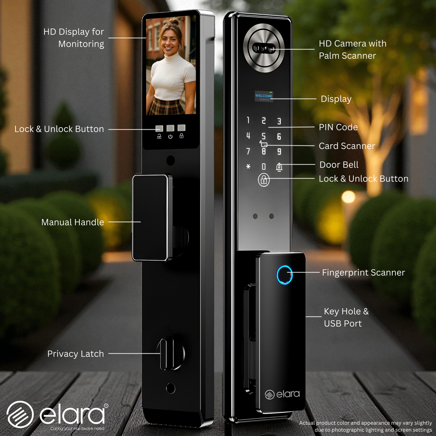 Elara Apex Smart Door Lock, HD Display, Camera, Fingerprint, RFID Card Scanner, Pin Unlock, One Touch Lock, LED Light, Alarm Alert, Bluetooth & WiFi, Black (Apex Edge)