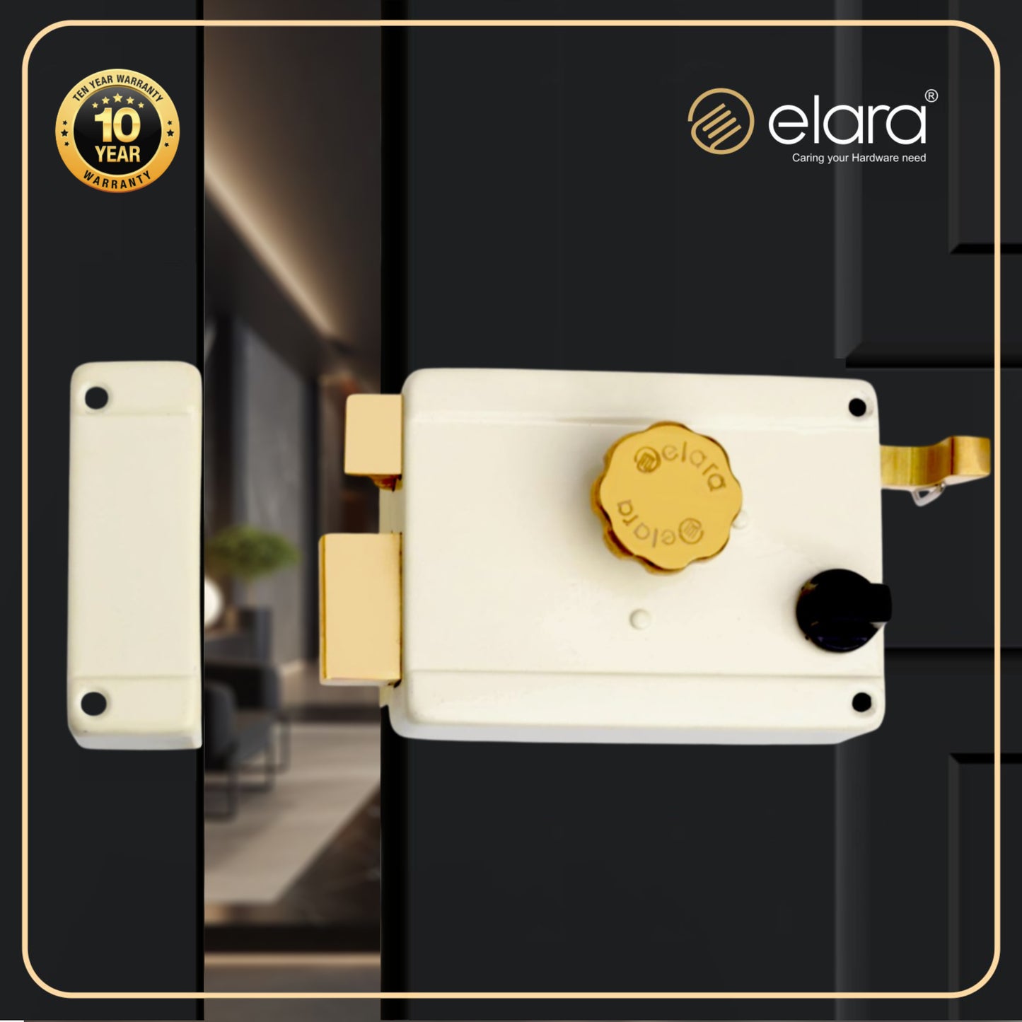 Elara Rim Latch 1CK Deadbolt for Main Door, Suitable for Right and Left Handed Doors, Inside Opening Wooden Door Lock with 3 Reversible Brass Keys (Ivory Finish, EDL-16, Ultra Key)