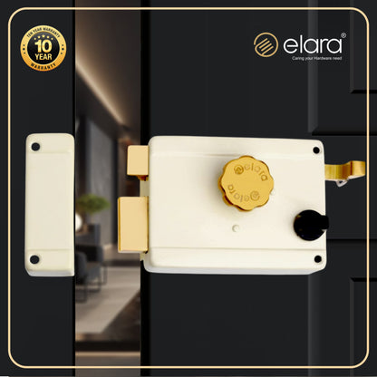 Elara Rim Latch 1CK Deadbolt for Main Door, Suitable for Right and Left Handed Doors, Inside Opening Wooden Door Lock with 3 Reversible Brass Keys (Ivory Finish, EDL-16, Ultra Key)