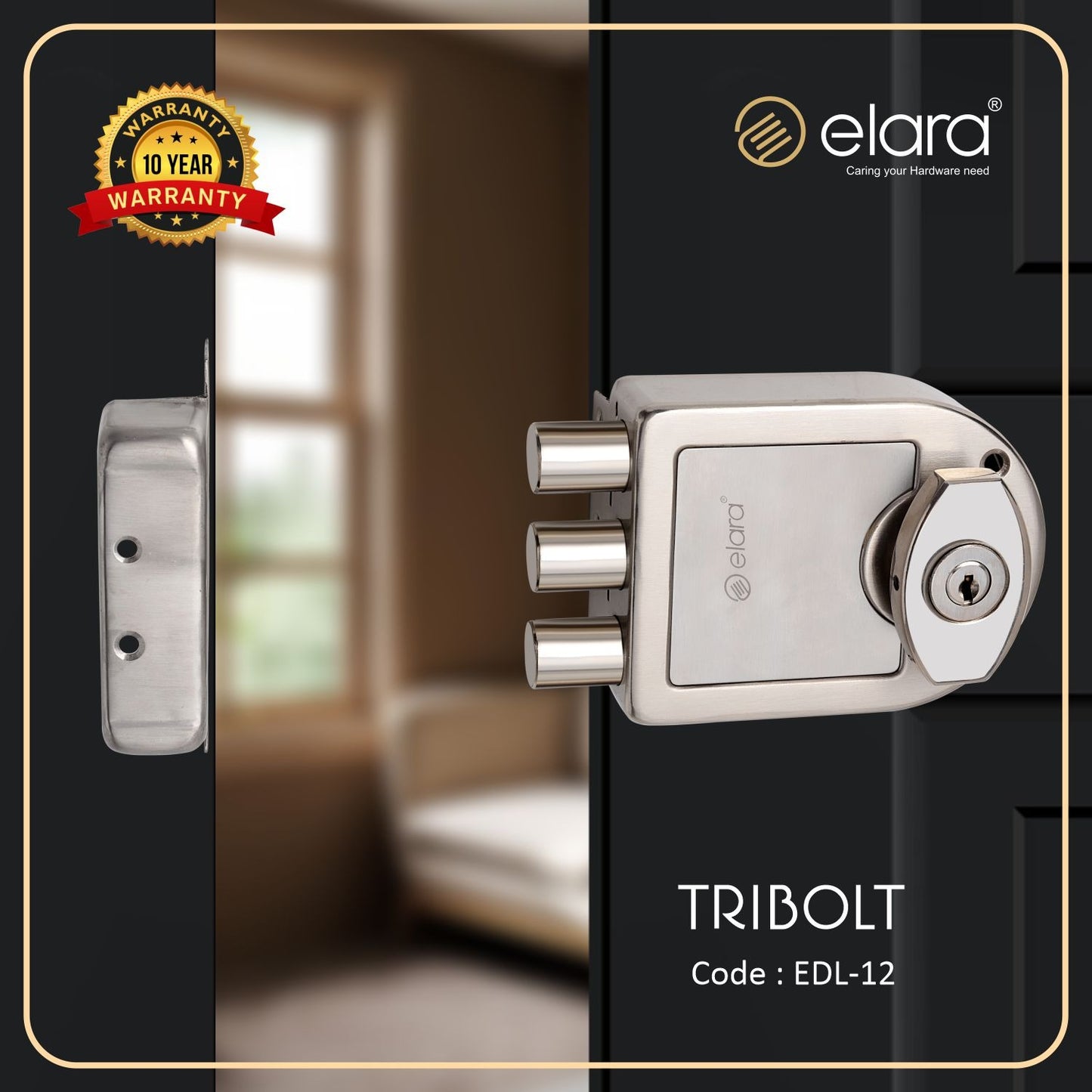 Elara Deadbolt Tribolt 2CK Door Lock, Rim Lock, Dead Bolt for Home, Door locks for main door with 4 Reversible Brass Keys (SS Finish, EDL-12, Tribolt, Ultra Key)