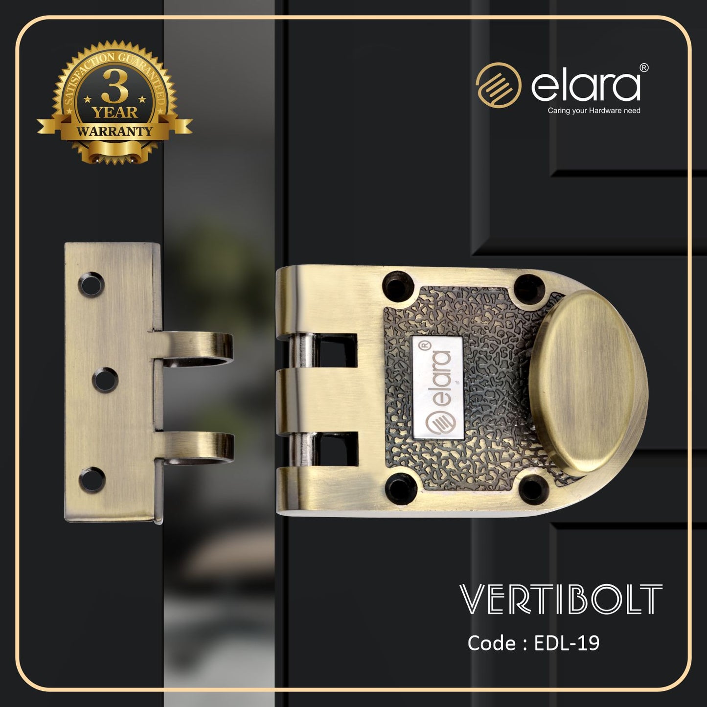 Elara Vertibolt 1CK Deadbolt for Main Door, Suitable for Right and Left Handed Doors, Inside Opening Wooden Door Lock with 3 Reversible Brass Keys (Antique Finish, EDL-19, Ultra Key)