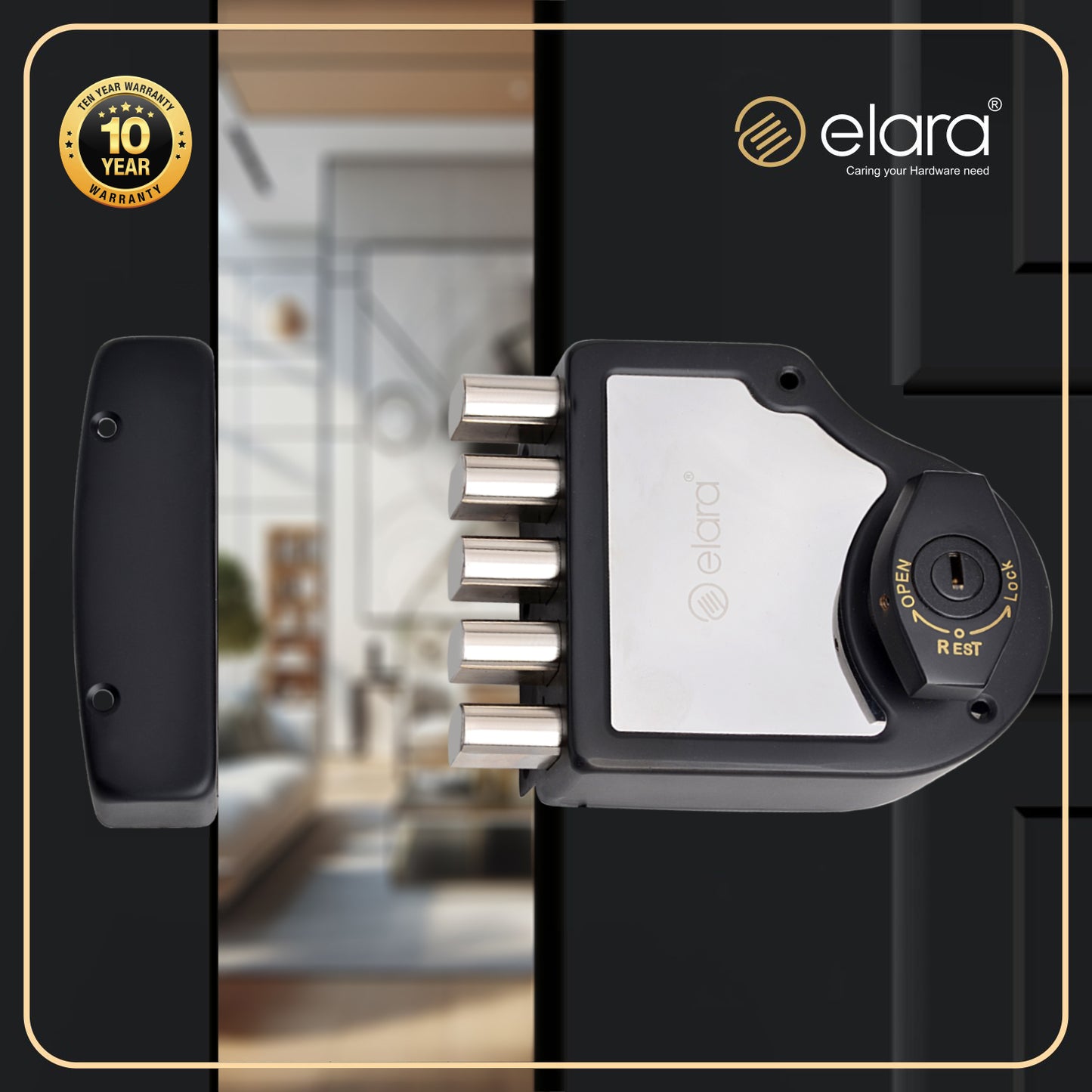 Elara Quinbolt 2CK Deadbolt for Main Door Suitable for Right and Left Handed Doors, Inside Opening Wooden Door Lock with 4 Reversible Brass Keys (Matte Black, EDL-04, Quinbolt, Ultra Key).