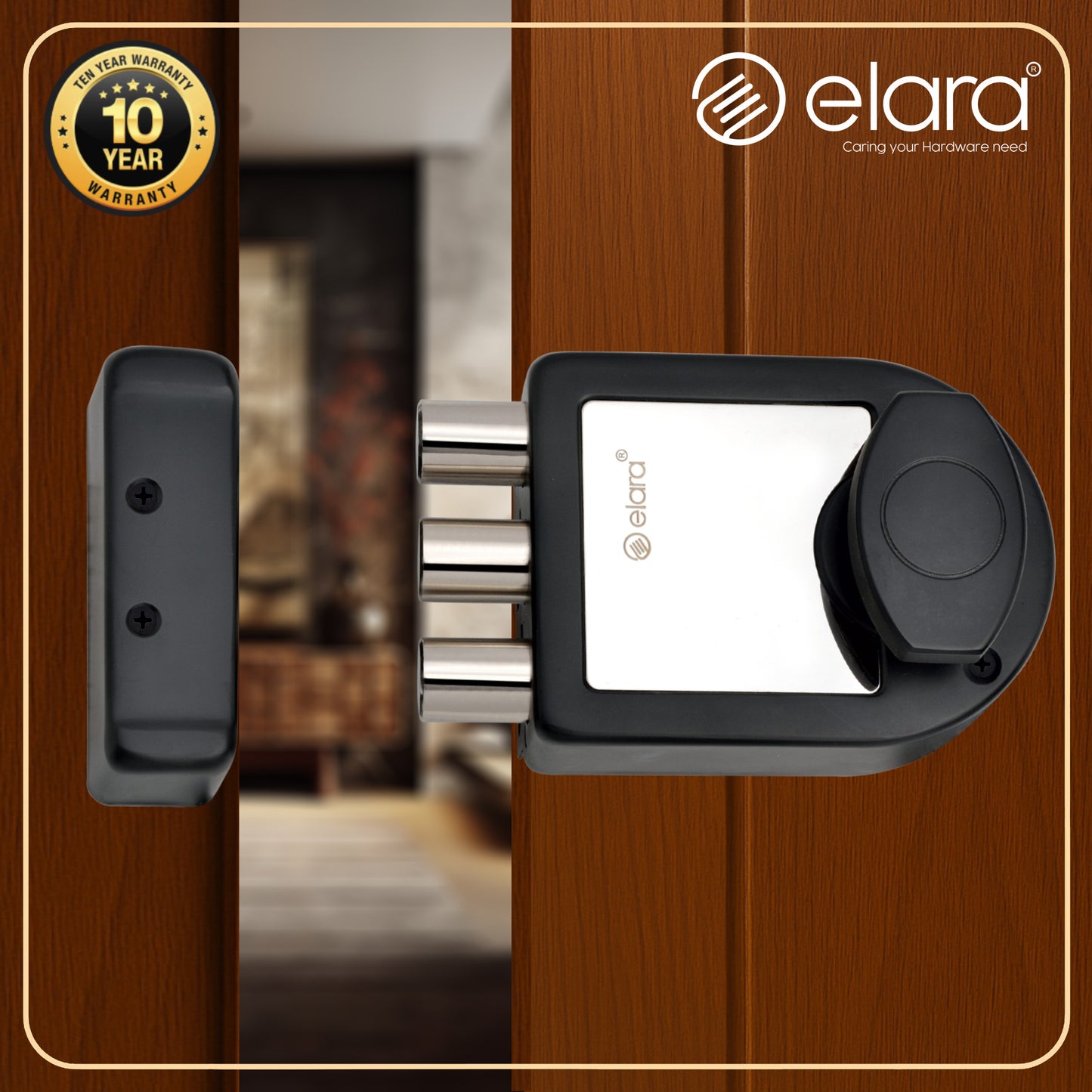 Elara Tribolt 1CK Deadbolt for Main Door, Suitable for Wooden Doors, Inside Opening Wooden Door Lock with 4 Reversible Brass Keys (Matte Black Finish, EDL-11, Tri Bolt, Ultra Key)
