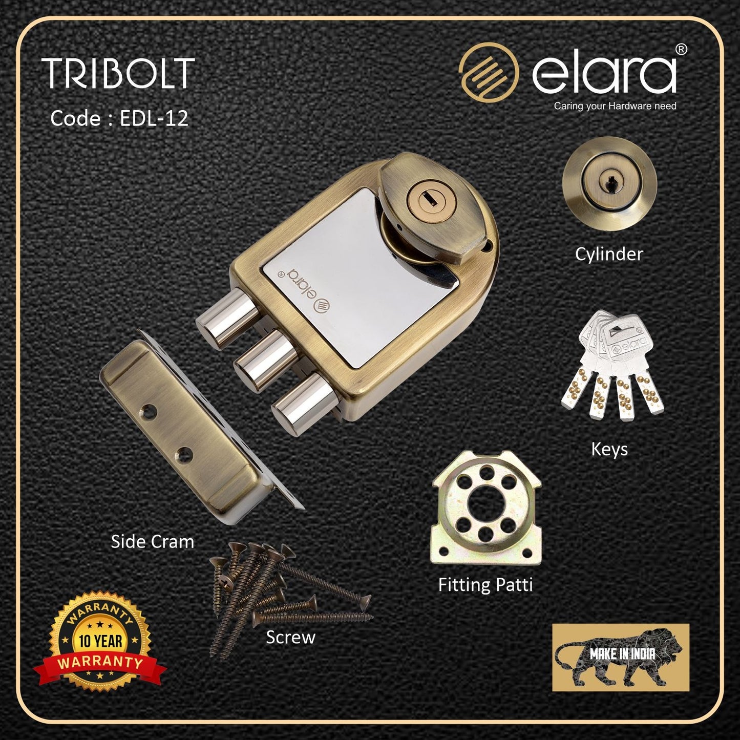 Elara Tribolt 2CK Deadbolt for Main Door, Suitable for Right and Left Handed Doors, Inside Opening Wooden Door Lock with 4 Reversible Brass Keys (Anitique Finish, EDL-12, Tri Bolt, Ultra Key)