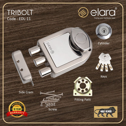 Elara Tribolt 1CK Deadbolt for Main Door, Suitable for Wooden Doors, Inside Opening Wooden Door Lock with 4 Reversible Brass Keys (SS Finish, EDL-11, Tri Bolt, Ultra Key)