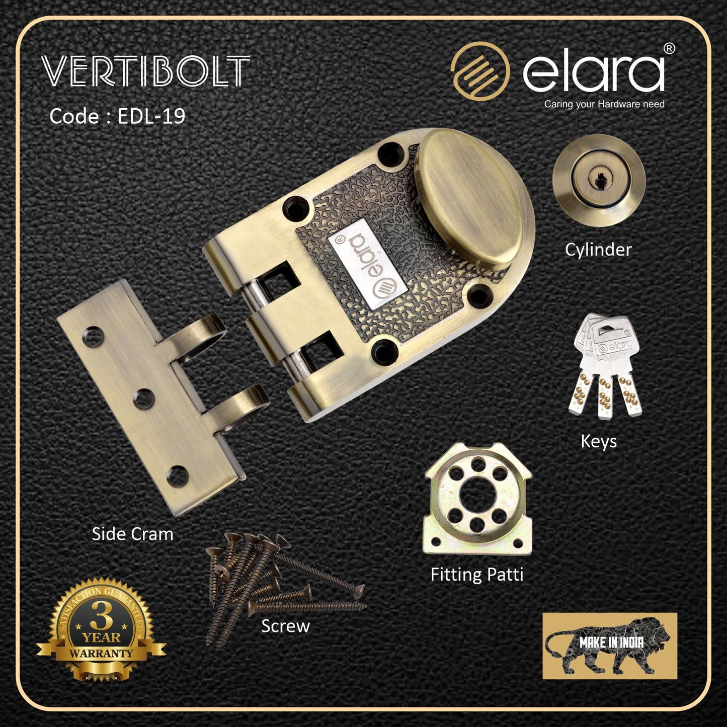 Elara Vertibolt 1CK Deadbolt for Main Door, Suitable for Right and Left Handed Doors, Inside Opening Wooden Door Lock with 3 Reversible Brass Keys (Antique Finish, EDL-19, Ultra Key)