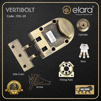 Elara Vertibolt 1CK Deadbolt for Main Door, Suitable for Right and Left Handed Doors, Inside Opening Wooden Door Lock with 3 Reversible Brass Keys (Antique Finish, EDL-19, Ultra Key)