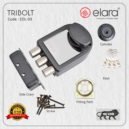Elara Tribolt 1CK Deadbolt for Main Door, Suitable for Wooden Doors, Inside Opening Wooden Door Lock with 4 Reversible Brass Keys (Black Silver Finish, EDL-11, Tri Bolt, Ultra Key)