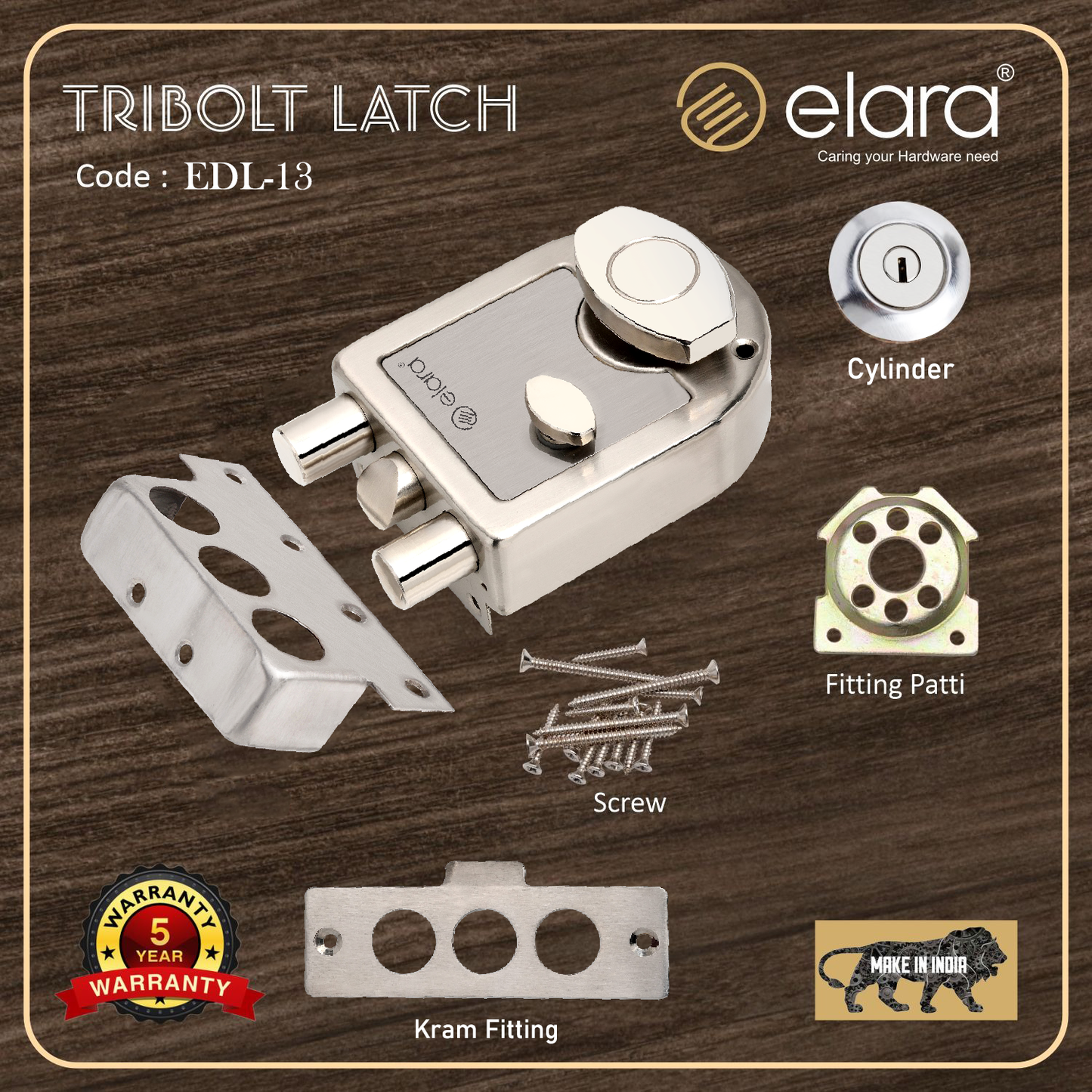 Elara Tribolt Latch Deadbolt for Main Door, Suitable for Right and Left Handed Doors, Inside Opening Wooden Door Lock with 4 Reversible Brass Keys EDL-13 Tribolt (SS Finish)