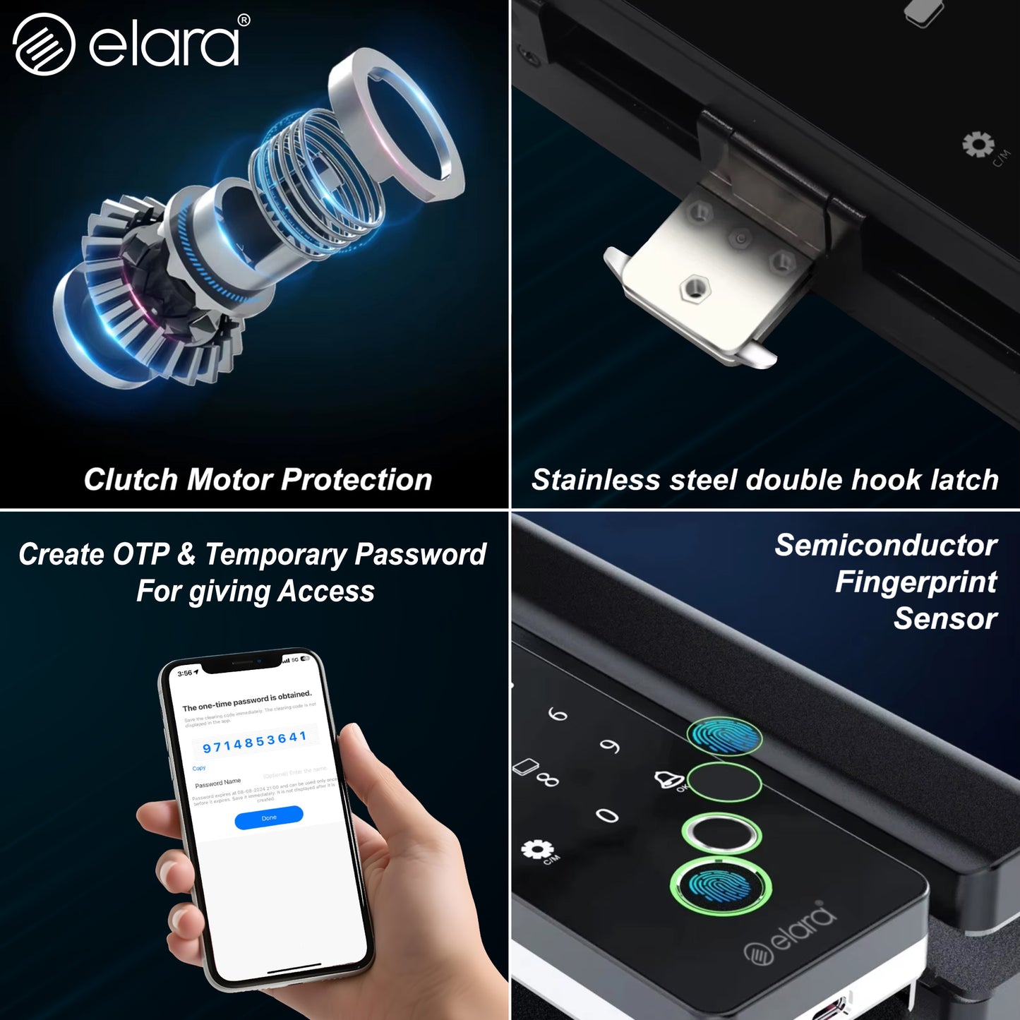 Elara GX-1 Smart Glass Door Lock, Fingerprint, Mobile App, PIN, RFID Card, 10-12 mm Glass Doors