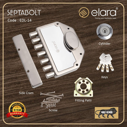 Elara Septabolt 1CK Deadbolt for Main Door, Suitable for Right and Left Handed Doors, Inside Opening Wooden Door Lock with 4 Reversible Brass Keys (SS, EDL-14, Main Door Locks, Ultra Key)