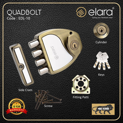 Elara Quadbolt 2CK Deadbolt for Main Door, Suitable for Right and Left Handed Doors, Inside Opening Door Lock with 4 Reversible Brass Keys (Antique, EDL-10, Four Bullet, Ultra Key)