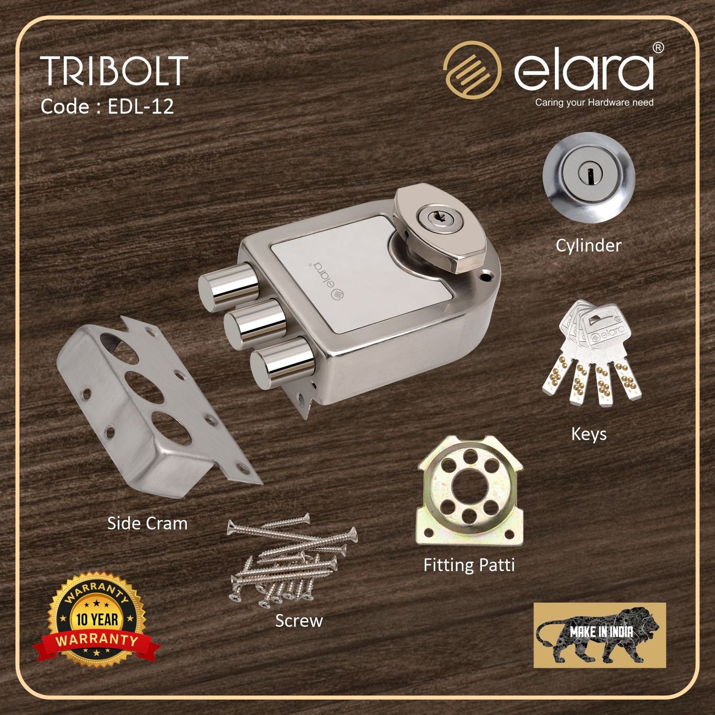 Elara Deadbolt Tribolt 2CK Door Lock, Rim Lock, Dead Bolt for Home, Door locks for main door with 4 Reversible Brass Keys (SS Finish, EDL-12, Tribolt, Ultra Key)