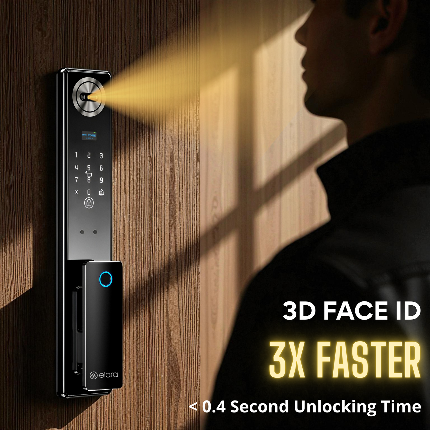 Elara Apex Smart Door Lock, HD Display, Camera, Fingerprint, RFID Card Scanner, Pin Unlock, One Touch Lock, LED Light, Alarm Alert, Bluetooth & WiFi, Black (Apex Edge)