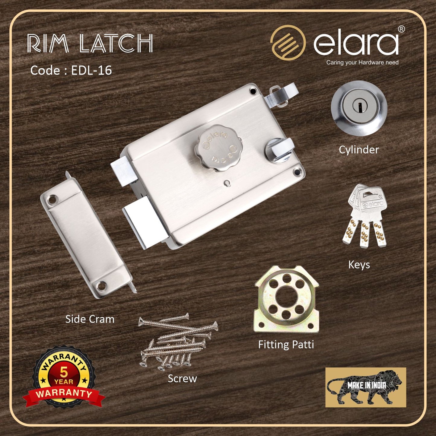 Elara Rim Latch 1CK Deadbolt for Main Door, Suitable for Wooden Doors, Inside Opening Wooden Door Lock with 3 Reversible Brass Keys (SS Finish, EDL-16, Ultra Key)