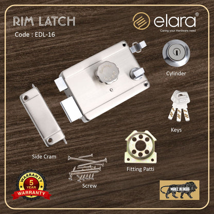 Elara Rim Latch 1CK Deadbolt for Main Door, Suitable for Wooden Doors, Inside Opening Wooden Door Lock with 3 Reversible Brass Keys (SS Finish, EDL-16, Ultra Key)