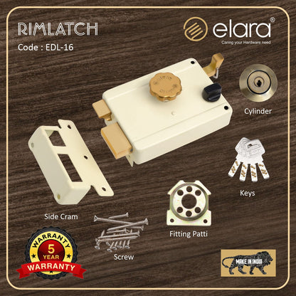 Elara Rim Latch 1CK Deadbolt for Main Door, Suitable for Right and Left Handed Doors, Inside Opening Wooden Door Lock with 3 Reversible Brass Keys (Ivory Finish, EDL-16, Ultra Key)